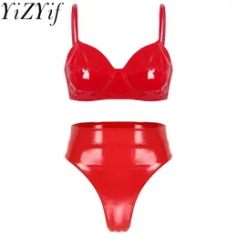 Bras Sets Patent Leather Bikini Lingerie Set Womens Sexy Wetlook Bra Top Back Buckle Briefs Underwear Latex Pole Dancing Party Clubwear