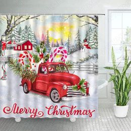 Shower Curtains Christmas Curtain For Bathroom Decor Red Truck Xmas Trees Snowman Winter Forest Farm Scenery Fabric With Hooks