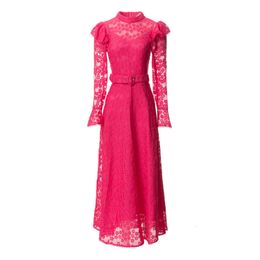 Europe and the United States women's 2024 summer new Stand collar Long sleeve floral embroidered belt fashion Pleated dress XXL