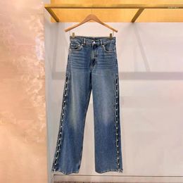 Women's Jeans Stylish Blue Pearl Embellished Straight-Leg Denim