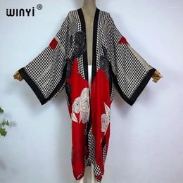 Africa Summer Women Camellia Print Long Sleeve Cardigan Female Loose Beach Cover Up Boho Dress Streetwear Holiday Kimono