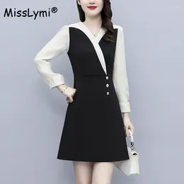Casual Dresses Elegant Korean Dress Large Size Women Clothing Autumn 2024 White Long Sleeve Patchwork V-neck High Waist Black A-Line