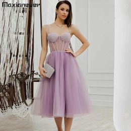 Party Dresses Spaghetti Strap Illusion A-Line Prom Dress Backless Ankle-Length Women V Neck Tulle Maix Celebrity Banquet Gown