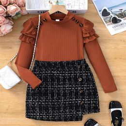 Clothing Sets Two Piece Set Of Cute Button Decoration For Autumn And Winter Girls Fluffy Long Sleeved Round Neck Skirt Princess Party Dress