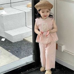 Clothing Sets 3-7Y Summer Pink Girls Casual Clothing Sets Sleeveless Lace Stand Up Collar Top + Pants Two Piece Suit Kids Clothes Y240520YF5L