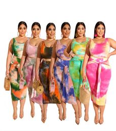 Plus Size XL5XL Women Tie Dye 2 Piece Dress Sexy Spaghetti Strap Tank Topmaxi Skirts Summer Bandage Dresses Sets Clubwear 53892319058
