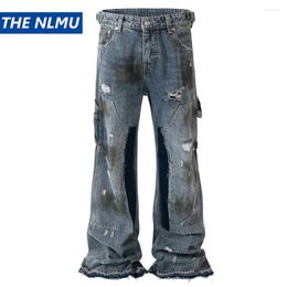 Men's Jeans Men Blue Ripped Baggy Dirty Printed Distressed Loose Denim Pants Male Luxury Designer Fashion Trousers