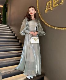 Party Dresses FLORINE TULIRAIN O-neck A-line Full Sleeve Puffe Grey Chiffion Simple Wedding Evening Dress Cocktail Prom Gown For Sexy Women