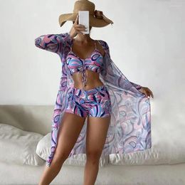 Women's Swimwear Printed Beach Cardigan Bikini Set Women Three-piece Swimsuit Floral Print With High Waist Shorts Push Up For