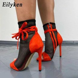 Stivali Eilyken Summer Stivali sandali Black Mesh Sexy Peep Toe Lace Up Women Shoes Stiletto High Heel 11,5 cm Pole Dance Booties J240520