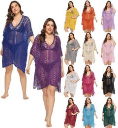 Plus Size Knitted Crochet Beach Dresses and Tunics Yellow Hollow Out Swim Suit Cover Up Vneck Irregular Beachwear Red 14 Colours 29817637