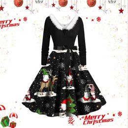 Casual Dresses Christmas Rockabilly Dress Women Slim Fur Collar Santa Claus Print Long Sleeve Evening Swing Elegant Party Vestidos