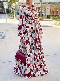 Ethnic Clothing African Long Shirt Dress Women Full Sleeve Lace Up High Waist Robes Autumn Print Splice Streetwear Maxi Dresses Gown