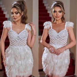 Fashion Celebrity Mini Dresses For Women Spaghetti Strap Sweetheart Neck Gown Slim Fit Feather Pearls Short Evening Dress Custom Made
