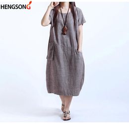 6XL Chinese Style Women039s Dress Female Ladies Oversize Dress Plus Size Women ONeck Loose Linen With Pockets AY9066353582728