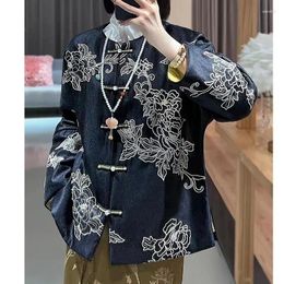 Ethnic Clothing 2024 Winter Vintage Chinese Style O-Neck Jacket Big Flower Embroidery Single Breasted Loose Woman Cotton Coat S-XXL