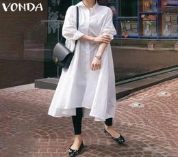 VONDA Solid Dress Women Casual Loose Turndown Collar Asymmetrical Shirt Dress 2020 Ladies Sexy Split Hem Party Vestidos S5XL1436409