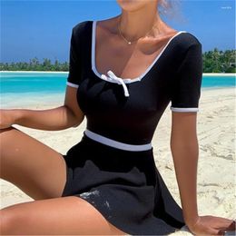 Women's Swimwear Short Sleeve One Piece Swimsuit With Skirt Women Solid Black Monokini Open Back Trikini Pad Bathing Suit 2 Sets Korea