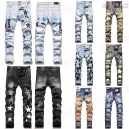 Mens Designer Jeans Fashion European America Style Jean Hombre Letter Star Embroidery Pants Patchwork Ripped for Motorcycle Pant Skinny RJWV X3PL