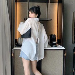 Women's Polos Korean Sunscreen Shirt Women 2024 Summer Clothes Fashion Bandage Blouses Elegant Loose Long Sleeve See Through White Tops
