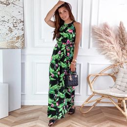 Casual Dresses Summer Halter Flowers Print Bohemia For Women High Waist Chiffon Belt Maxi Dress Sleeveless Pleated Beach