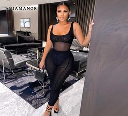 Women039s Two Piece Pants ANJAMANOR Black Mesh Two Piece Set Bodysuit Top and Leggings See Through Sexy Outfits for Women Night1451228
