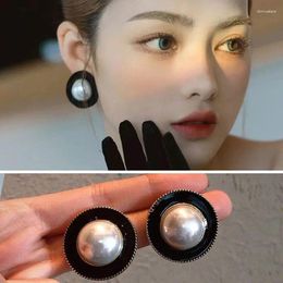 Stud Earrings Vintage Women Black White Pearls Patchwork Round Set Gift Woman Ear Accessory Present Jewelry