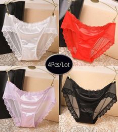 4Pcslot Sexy Panties Lace Women Underwear Seamless Silk Briefs Girls Ladies Underpants Satin Cotton Crotch Breathable Lingerie Wo8409639