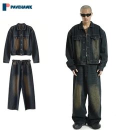 Autumn Oversized Set Man High Street Retro Wash Denim Jacket Baggy Straight Wide Leg Jeans Two Piece Sets Male Hip Hop Suit 240507