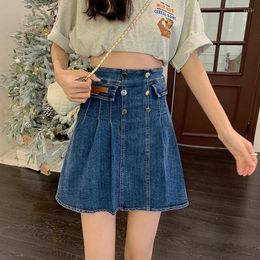 Skirts S-XL 2Colors Denim For Women 2024 Summer Korean Style High Waist Mini Pleated A Line Jeans Womens (L8860