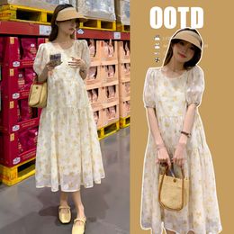 Dobby Maternity Fashion Summer for Short Sleeve O Neck Lightweight Cool Pregnant Woman Chiffon Yellow Floral Dress L
