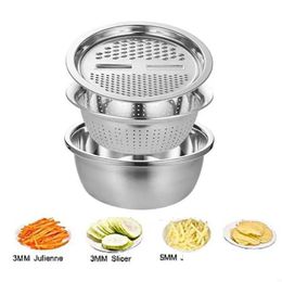 Fruit Vegetable Tools 3 In 1 Slicer Cutter Drain Basket Stainless Steel Jienne Grater Salad Maker Bowl Kitchen Gadgets Drop Deliver Dh3Ne