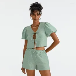 Women's Tracksuits Women Plaid 2 Piece Shorts Sets Summer Clothes V Neck Puff Sleeve Tie-Up Crop Tops Elastic Waist With Pockets