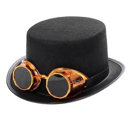 Victorian Steampunk Gothic Top Hat with Detachable Goggles Bowler Jazz Cap Halloween Cosplay Carnival Costume Accessory 240518