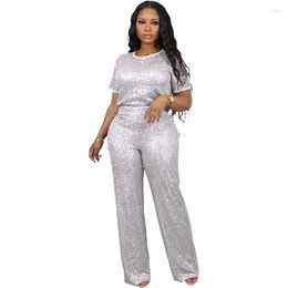 Ethnic Clothing Casual Pink Sequin Women 2 Pieces Sets Fashion Solid Short Sleeved Tshirt Wide Leg Pants Set Two Piece Female 2024