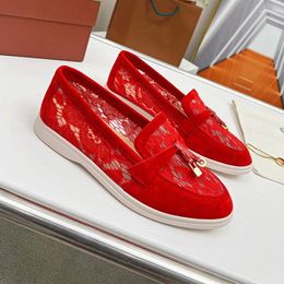 Casual Shoes Spring Summer Red Color Lace Hollow Out Flat Bottom Loafers Women's Round Toe Tassel Pendant Shallow Mouth Soft-soled