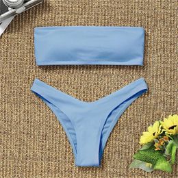 Women's Swimwear Solid Bandeau Bikinis Sets 2024 Summer Tummy Control 2 Piece Swimsuit Back Tie Padded Bras Tops Bathing Suit Beach Wear