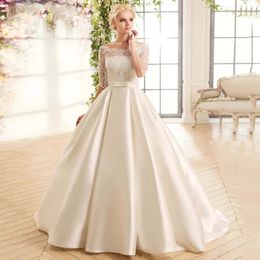 Classic A-line Wedding Dresses 2024 Boat Lace Neck Half Sleeve Belt Pleats Satin Bridal Party Gown Sweep Train Vestidos De Novia Robe De Mariage
