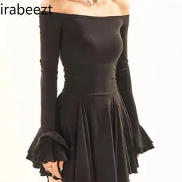 Casual Dresses Fashion Black Grey One-line Shoulder Ruffled Long Sleeve Robe Female Autumn/Winter Spice Waist Skirt Slim Fit Sexy Dress