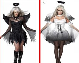 White Black Devil Fallen Angel Costume Women Sexy Halloween Party Clothes Adult Costumes Fancy Dress Head Wear Wing2203324