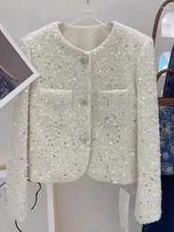 Women's Jackets White Tweed Jacket Sequin Fragrance Autumn/winter Heavy Tassel Wool Coat One Piece Classic