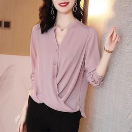 Women's Blouses Spring And Summer Solid V-Neck Long Sleeve Loose Plus Size Single Bonded Block Fashion Casual Korean All-match Tops