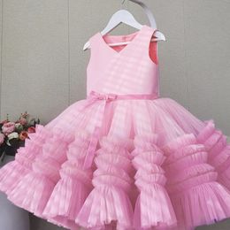 Pink Puffy Cake Party Dress for Baby Girl Christmas First Baptism Lace Bow Princess Dresses Kids Tutu Birthday Wedding Gown 240515