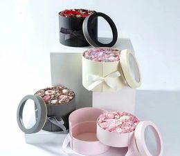 Double Layer Round Wrap Flower Paper Boxes with Ribbon Creative Rose Bouquet Gift Wrap Packaging Cardboard Box Valentine039s Da7070503