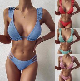 Women's Swimwear Chic Ruffle Hollow Peachtan Shiny Bikini Fashion Sweet Micro Solid Swimsuit Women Backless Female Bathing Suit