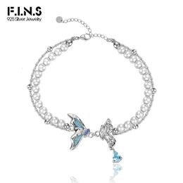 F. I.N.S Elegant S925 Sterling Silver Enamel Butterfly Bracelet Womens Handmade Beads Blue Zircon Double Layer Handmade Exquisite Jewellery 240515