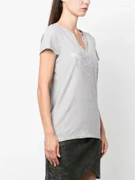 Women's T Shirts Diamonds Letters Women Short Sleeve Casual Tee Tops 2024 Early Spring Ladies Cotton Grey T-Shirt V-Neck With Buttons