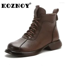 Boots Koznoy 3cm Natural Full Cow Genuine Leather Spring Autumn Mid Calf Flats Women Booties Moccasins Females Comfy Shoes