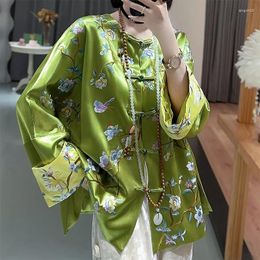 Ethnic Clothing High-end Satin Acetate Women Jacket Top Embroidery Painting Of Flowers And Birds Tang Suit Elegant Lady Loose Coat Female