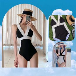 Sexy V-Neck Chic Swimwear 2023 Women Black and White Patchwork Push Up Swimsuit Cut Out One Piece Beachwear Bikini Bathing Suit L2405